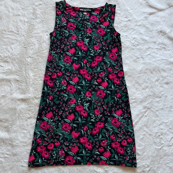 Karl Lagerfeld Paris Sleeveless Floral Sheath Dress Black Red Green Size 4 - Picture 1 of 6